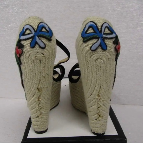 Gucci Floral Embroidered Jute Espadrille Wedge Sandals Black - Picture 2 of 7